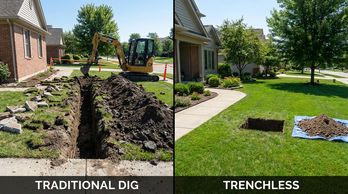Trenchless sewer repair with minimal yard damage versus traditional excavation in Mansfield, MA
